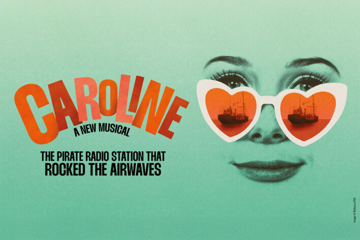 a mint green plain back ground with 'caroline' in big orange capital letters. a woman's face in 60's style make up with heavy eyeliner and lashes is looking at us from behind a heart-shape pair of sunglasses which have white rims and orangey-peach lenses with the original 'Radio Caroline' boat reflected on them.